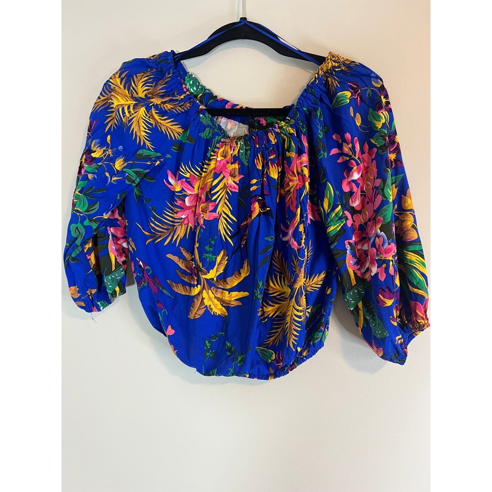 Cynthia Rowley Blue Tropical Floral Off Shoulder Blouson Crop Top Small - Picture 1 of 6